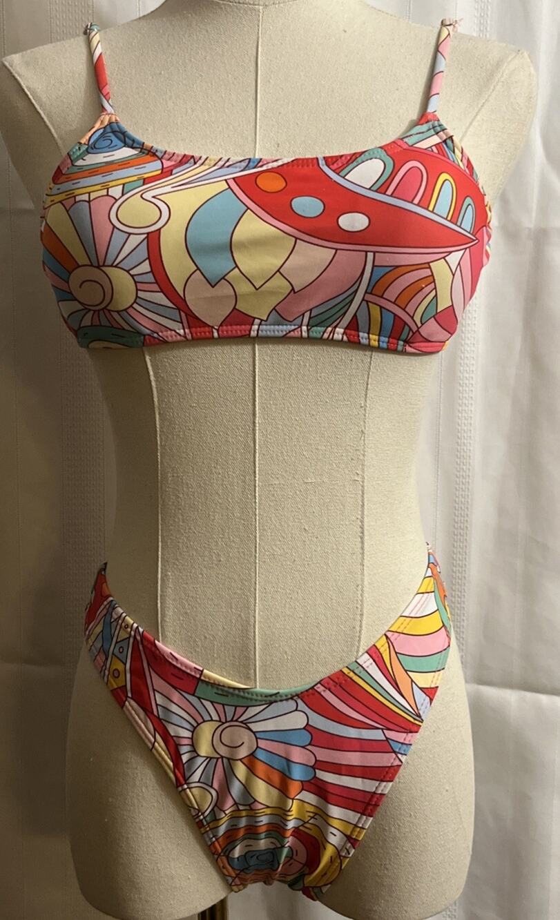 Retro Abstract Print Bikini Swimsuit Women's Size S